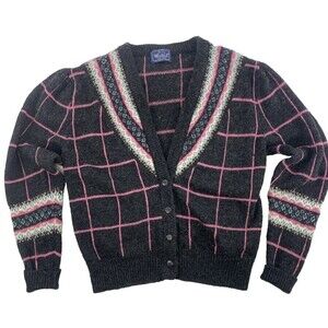 Woolrich Charcoal Gray Cardigan Sweater with Pink Windowpane & Multicolor Trim